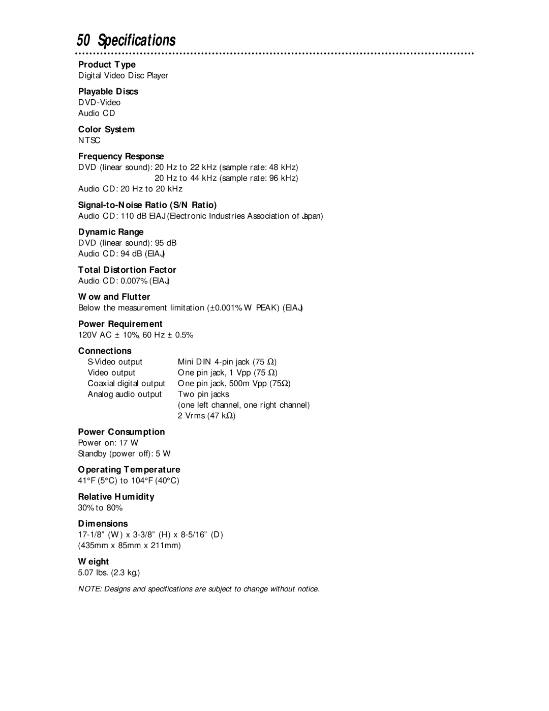 Magnavox DVD609 owner manual Specifications 