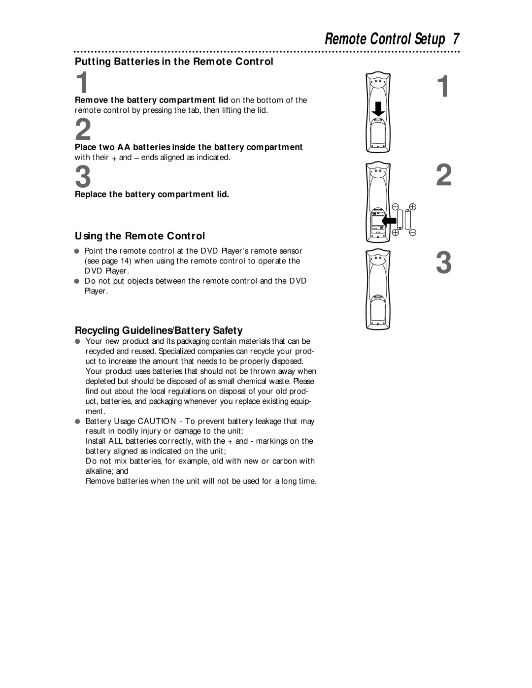 Magnavox DVD609 owner manual Remote Control Setup, Putting Batteries in the Remote Control, Using the Remote Control 