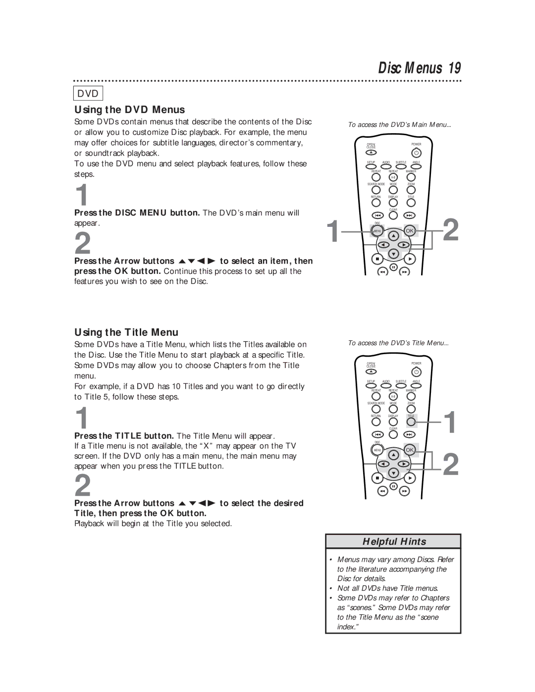 Magnavox DVD611 owner manual Disc Menus, Using the DVD Menus, Using the Title Menu 