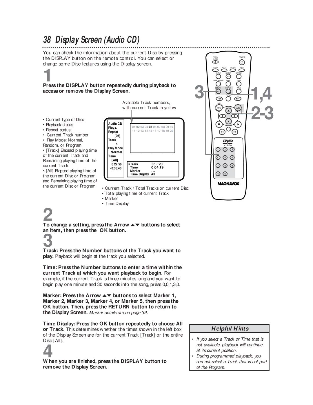 Magnavox DVD611 owner manual Display Screen Audio CD, Available Track numbers, with current Track in yellow 