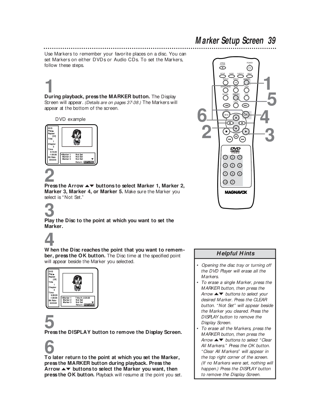 Magnavox DVD611 owner manual Marker Setup Screen, DVD example 