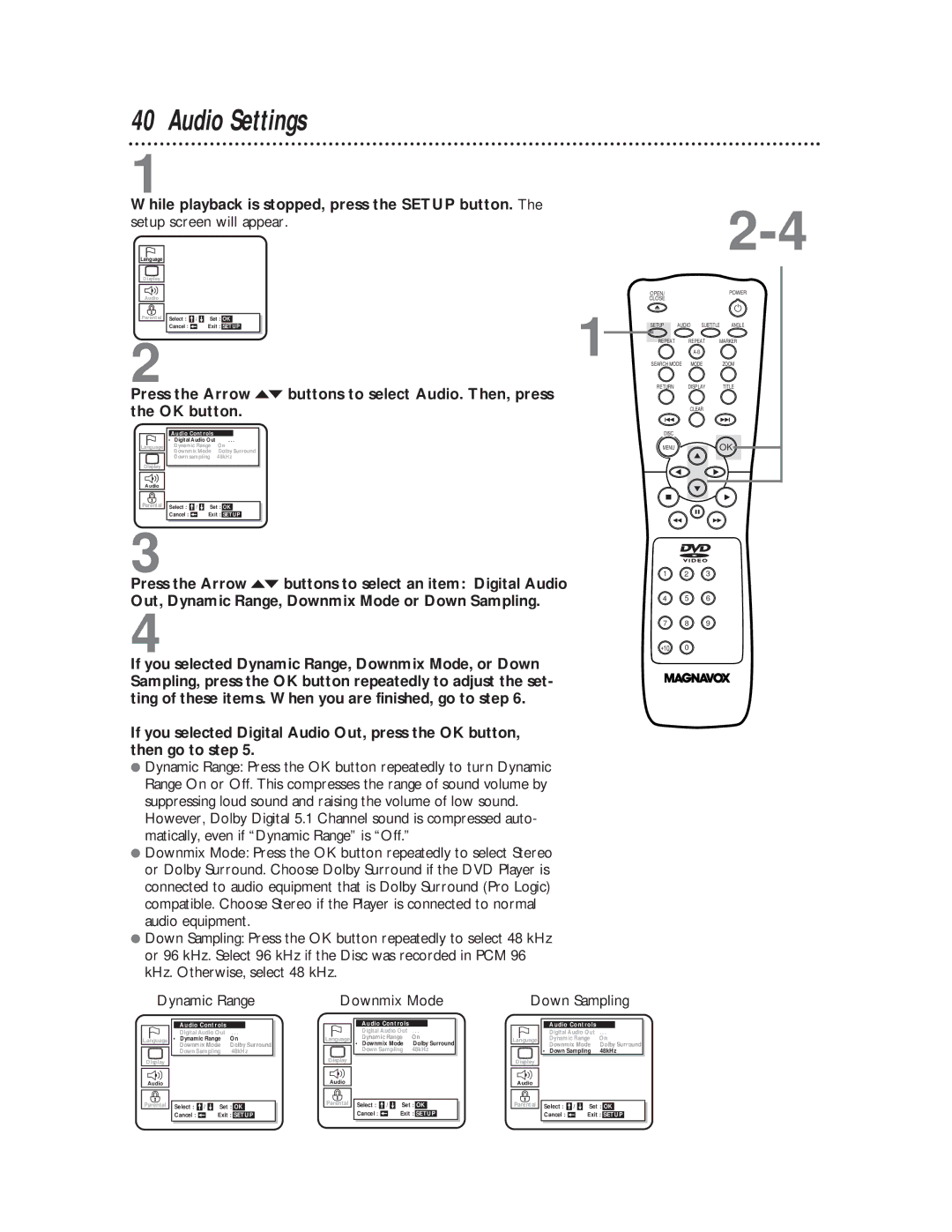 Magnavox DVD611 owner manual Downmix Mode, Down Sampling 