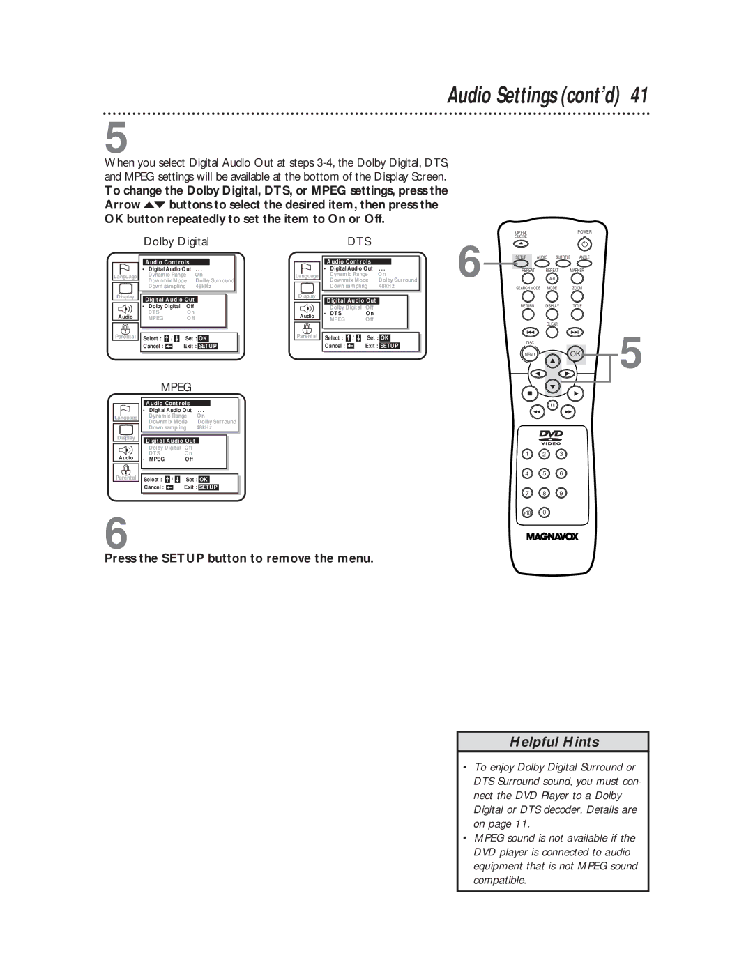 Magnavox DVD611 owner manual Audio Settings cont’d, Dolby Digital 