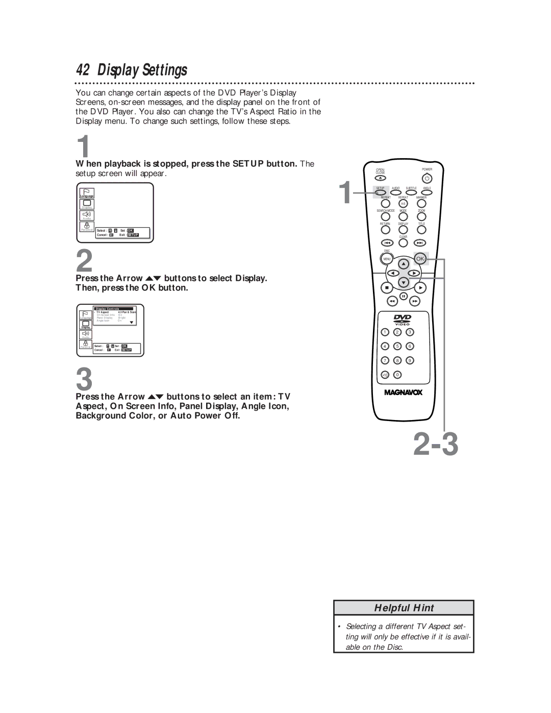 Magnavox DVD611 owner manual Display Settings, Display Controls 