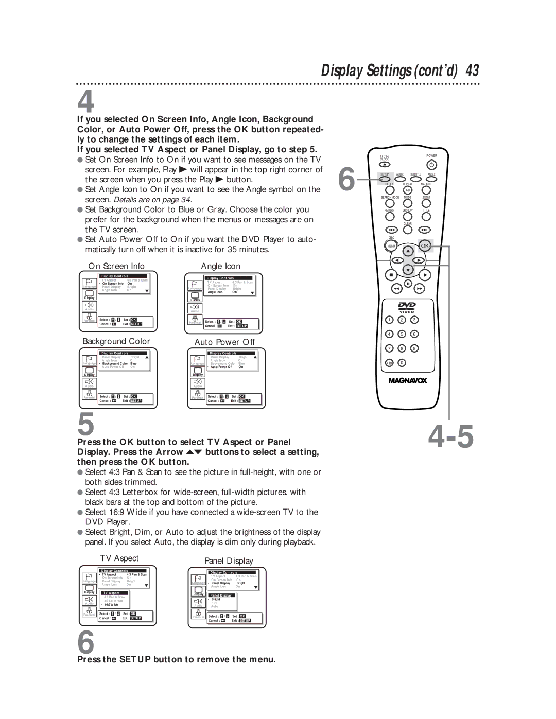 Magnavox DVD611 owner manual Display Settings cont’d 