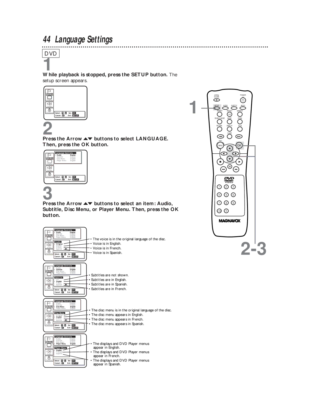 Magnavox DVD611 Language Settings, While playback is stopped, press the Setup button, Setup screen appears, Button 