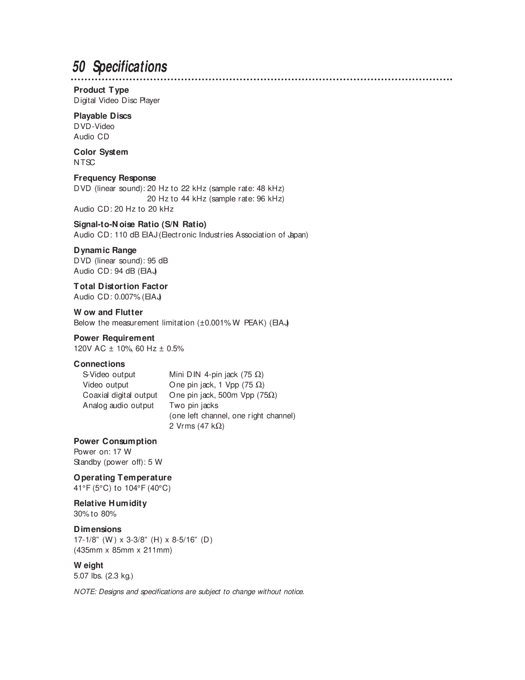 Magnavox DVD611 owner manual Specifications 