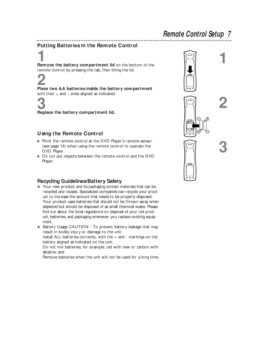 Magnavox DVD611 owner manual Remote Control Setup, Putting Batteries in the Remote Control, Using the Remote Control 