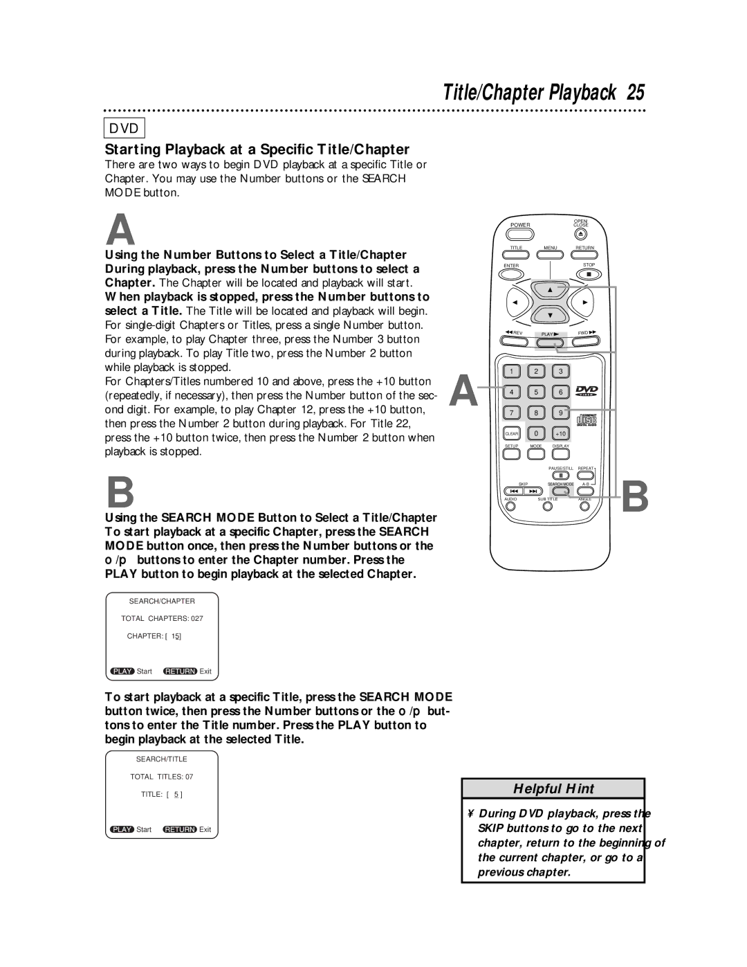 Magnavox DVD710AT owner manual Title/Chapter Playback, Starting Playback at a Specific Title/Chapter 