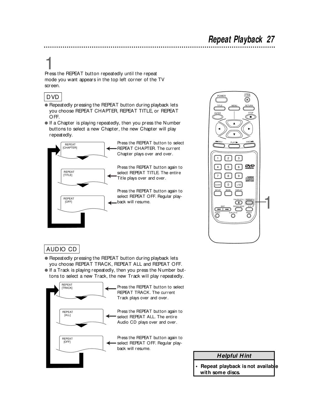 Magnavox DVD710AT owner manual Repeat Playback, Repeat playback is not available with some discs 