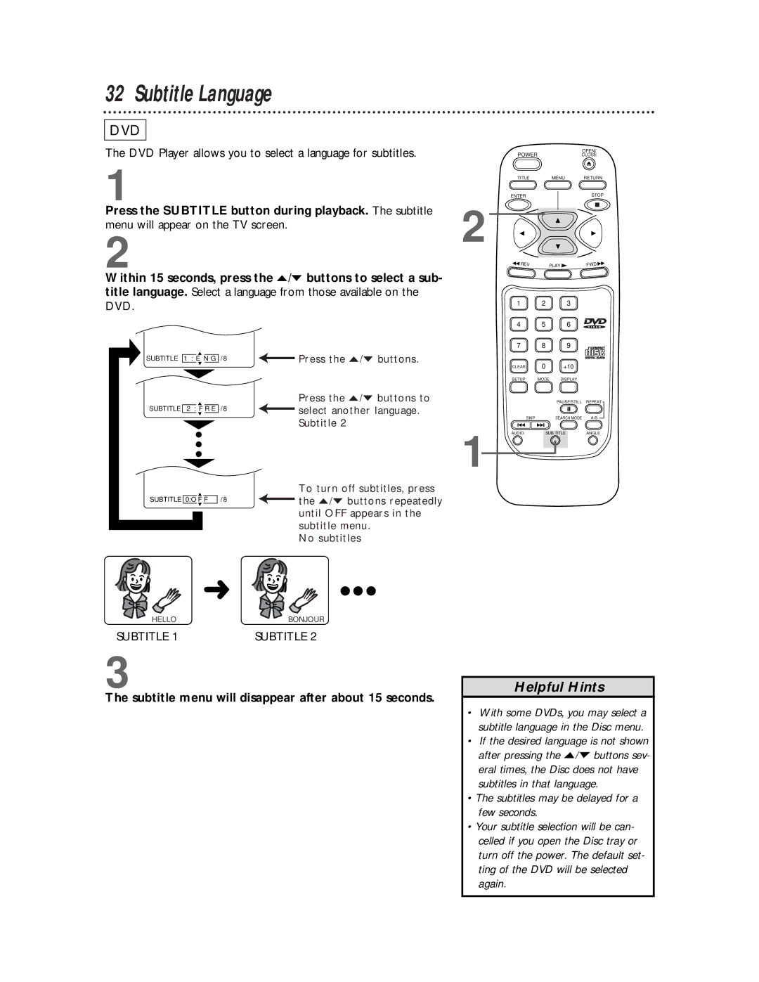 Magnavox DVD710AT owner manual Subtitle Language, Subtitle menu will disappear after about 15 seconds 