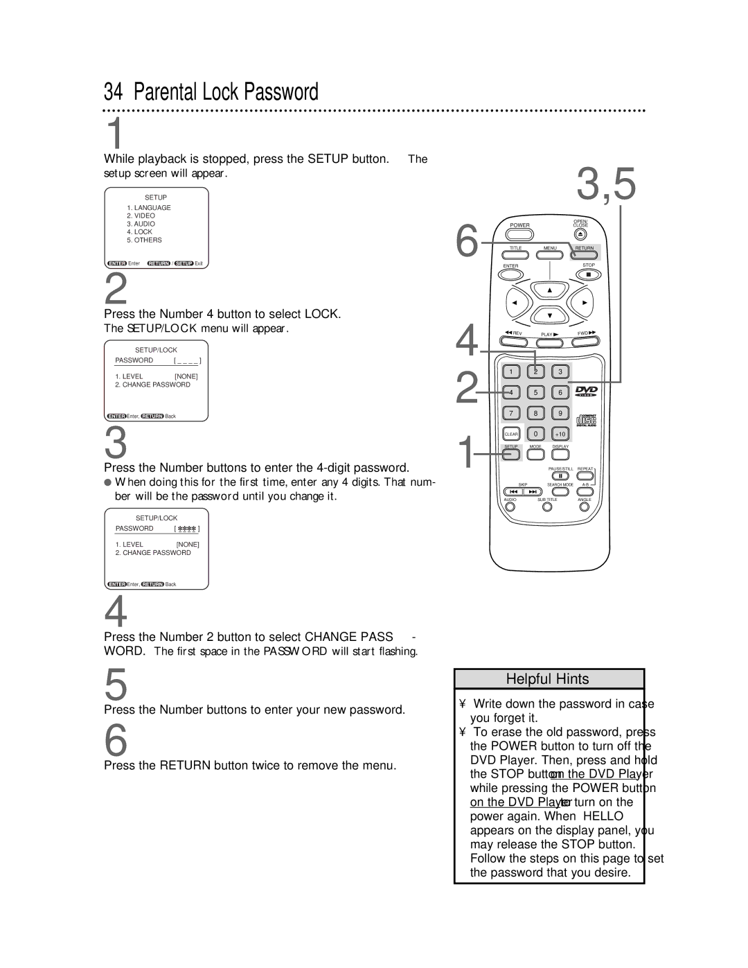 Magnavox DVD710AT owner manual Parental Lock Password, While playback is stopped, press the Setup button 