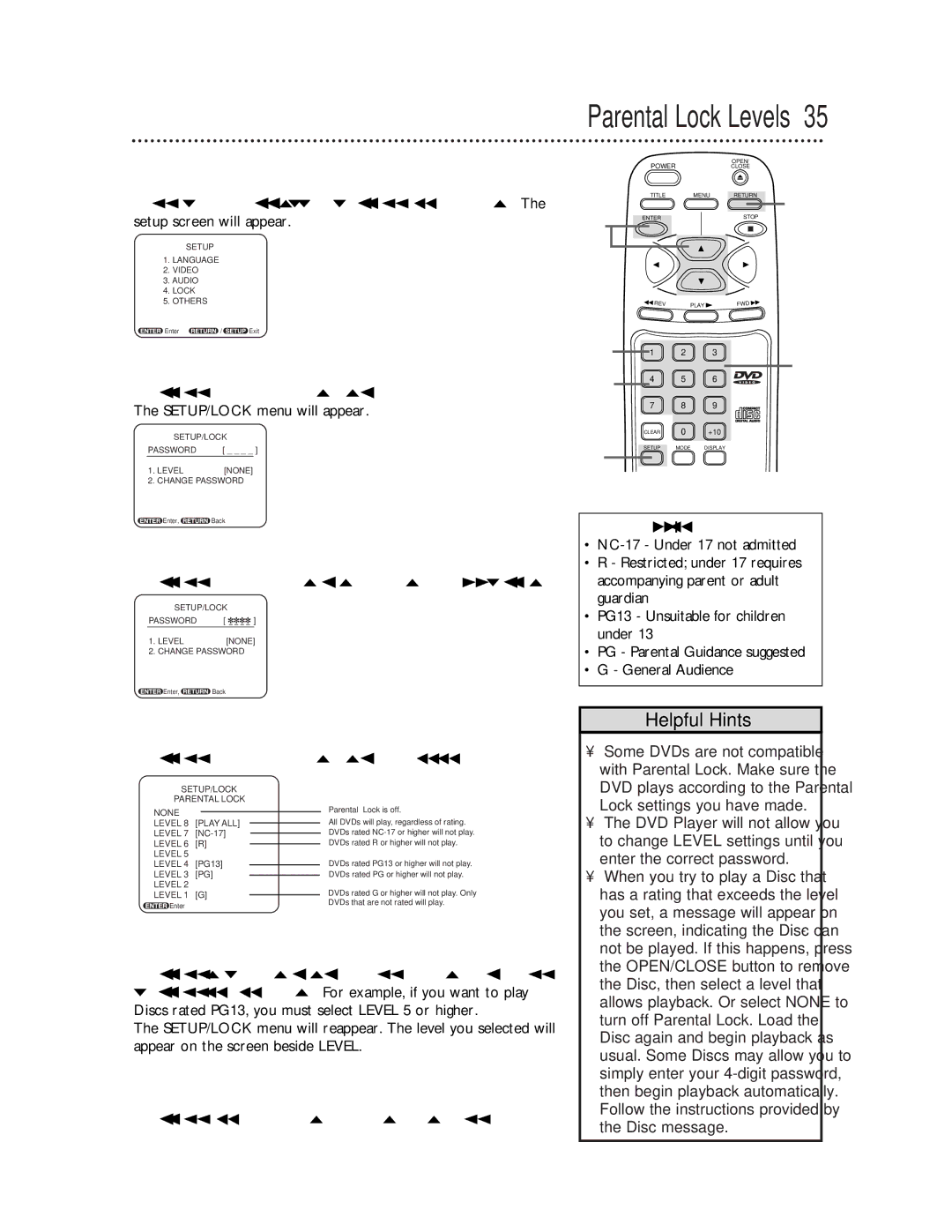 Magnavox DVD710AT owner manual Parental Lock Levels, Press the Number buttons to enter your 4-digit password 