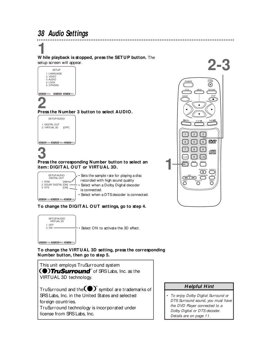 Magnavox DVD710AT owner manual Audio Settings, Press the Number 3 button to select Audio, Item Digital OUT or Virtual 3D 