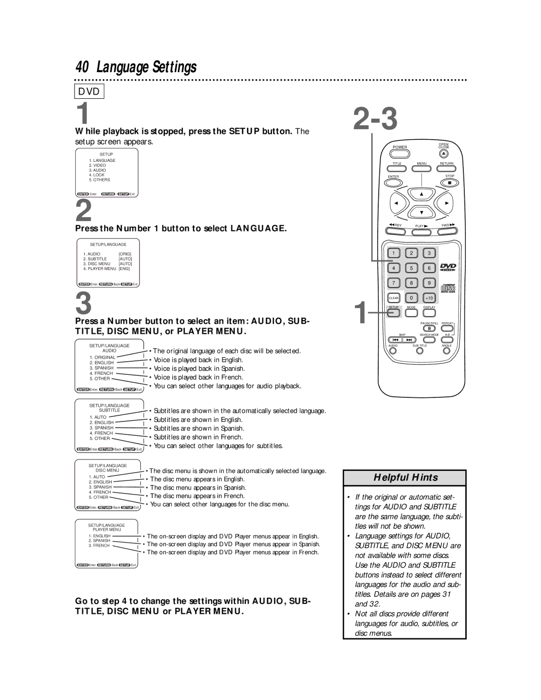 Magnavox DVD710AT Language Settings, Press the Number 1 button to select Language, Tles will not be shown, Disc menus 