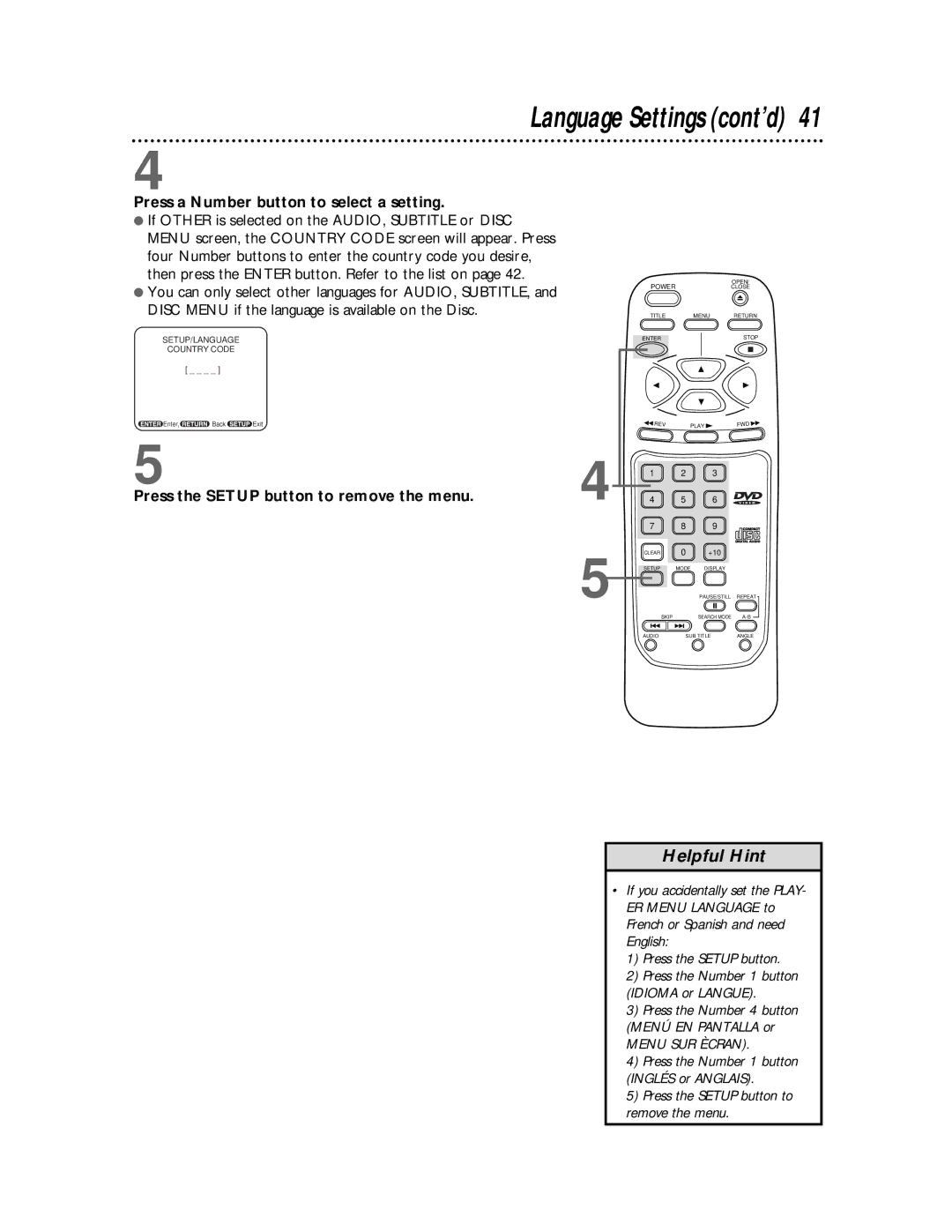 Magnavox DVD710AT owner manual Language Settings cont’d, Press a Number button to select a setting 