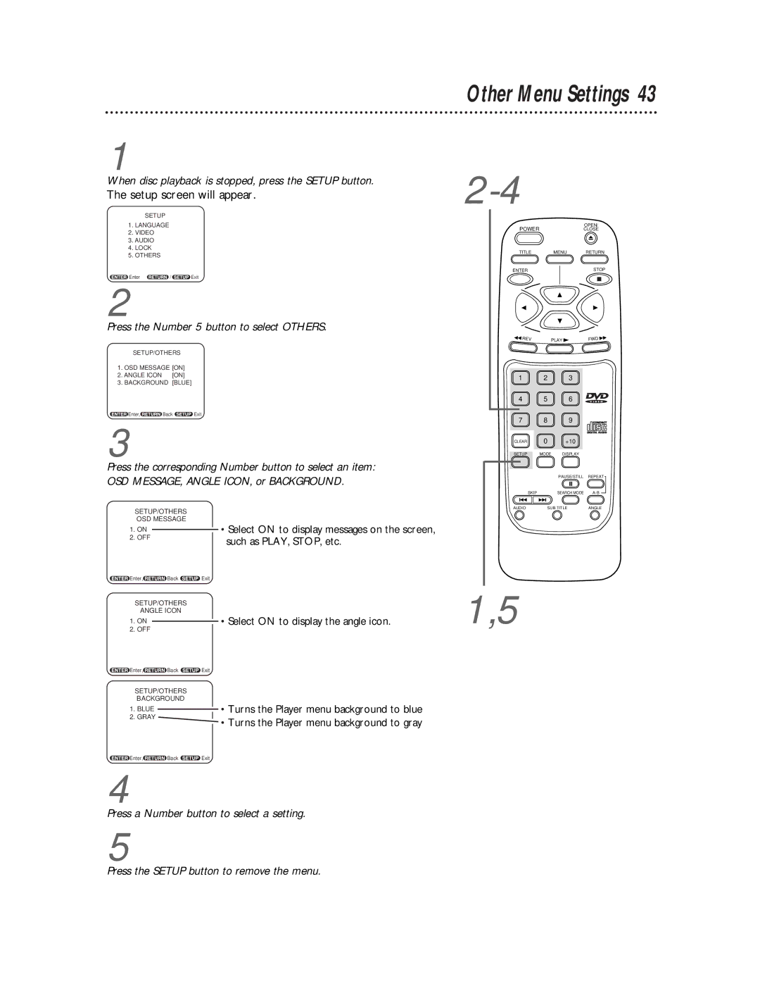 Magnavox DVD710AT owner manual Other Menu Settings, Press the Number 5 button to select Others 