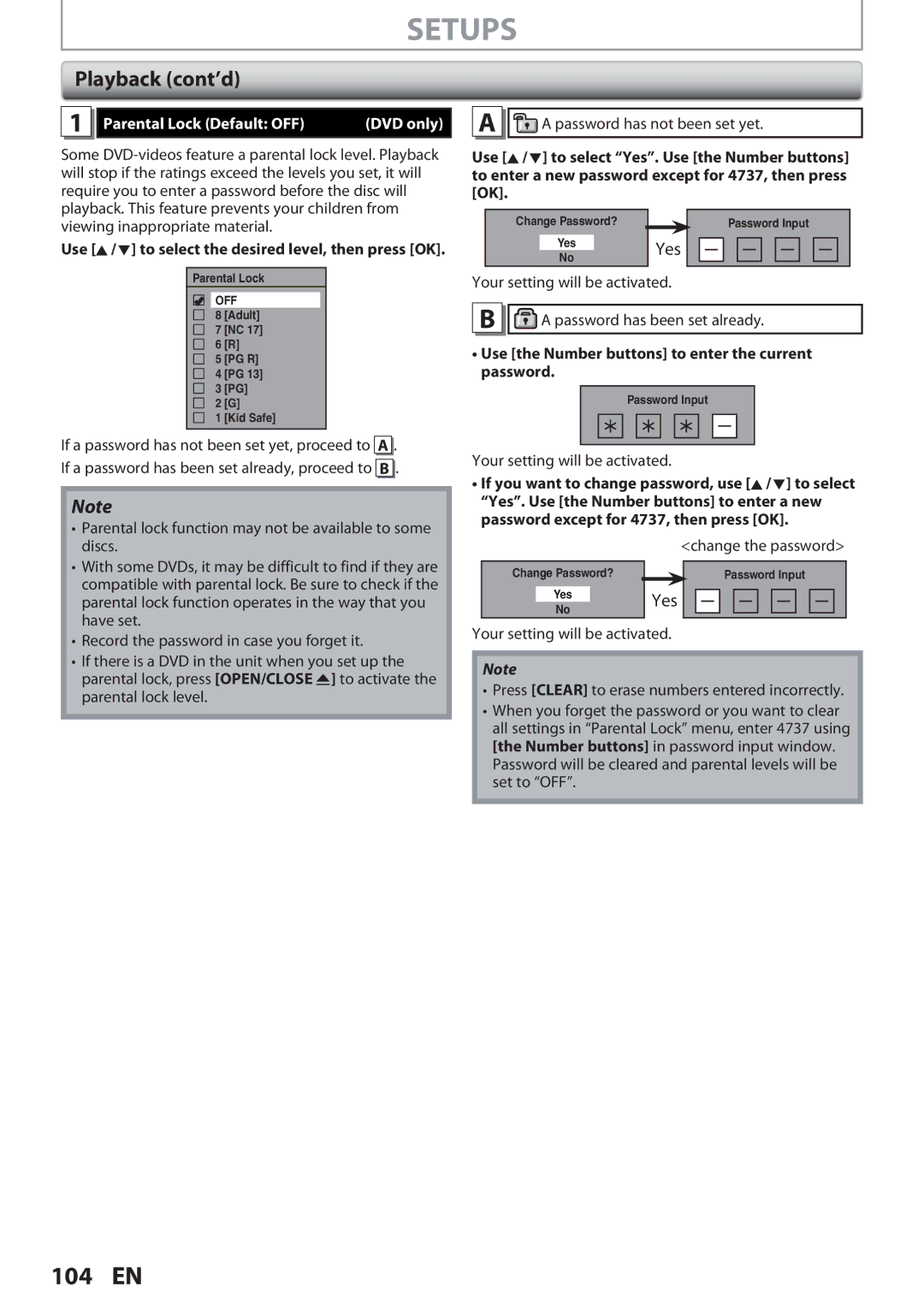 Magnavox F7, MDR513H owner manual Setups, Playback cont’d, Yes, Parental Lock Default OFF DVD only 