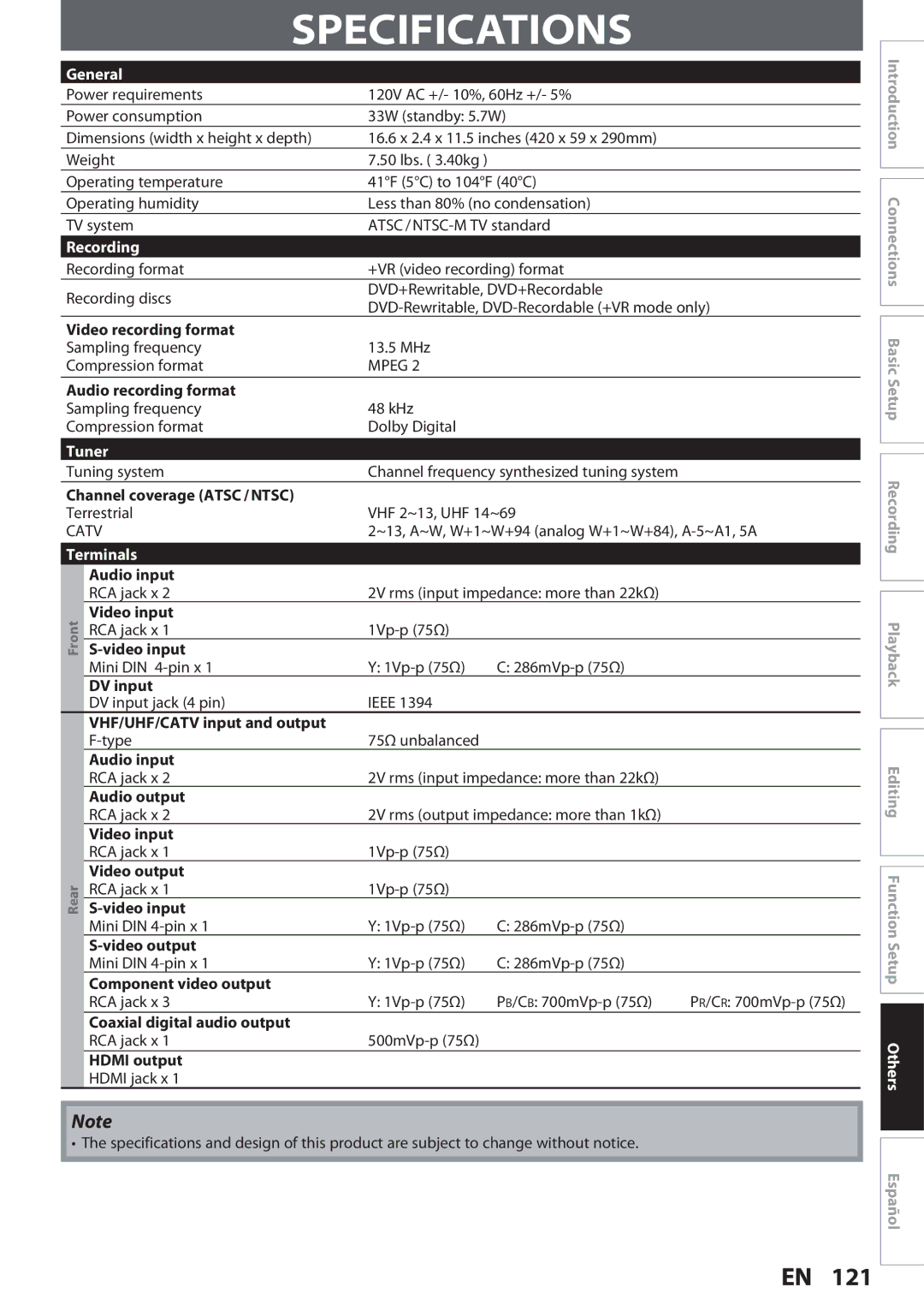 Magnavox MDR513H, F7 owner manual Specifications, General, Recording, Tuner, Terminals 