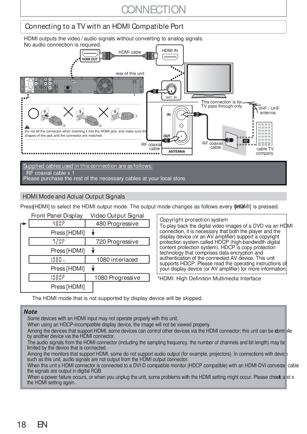 Magnavox F7, MDR513H owner manual Connecting to a TV with an Hdmi Compatible Port, Hdmi Mode and Actual Output Signals 