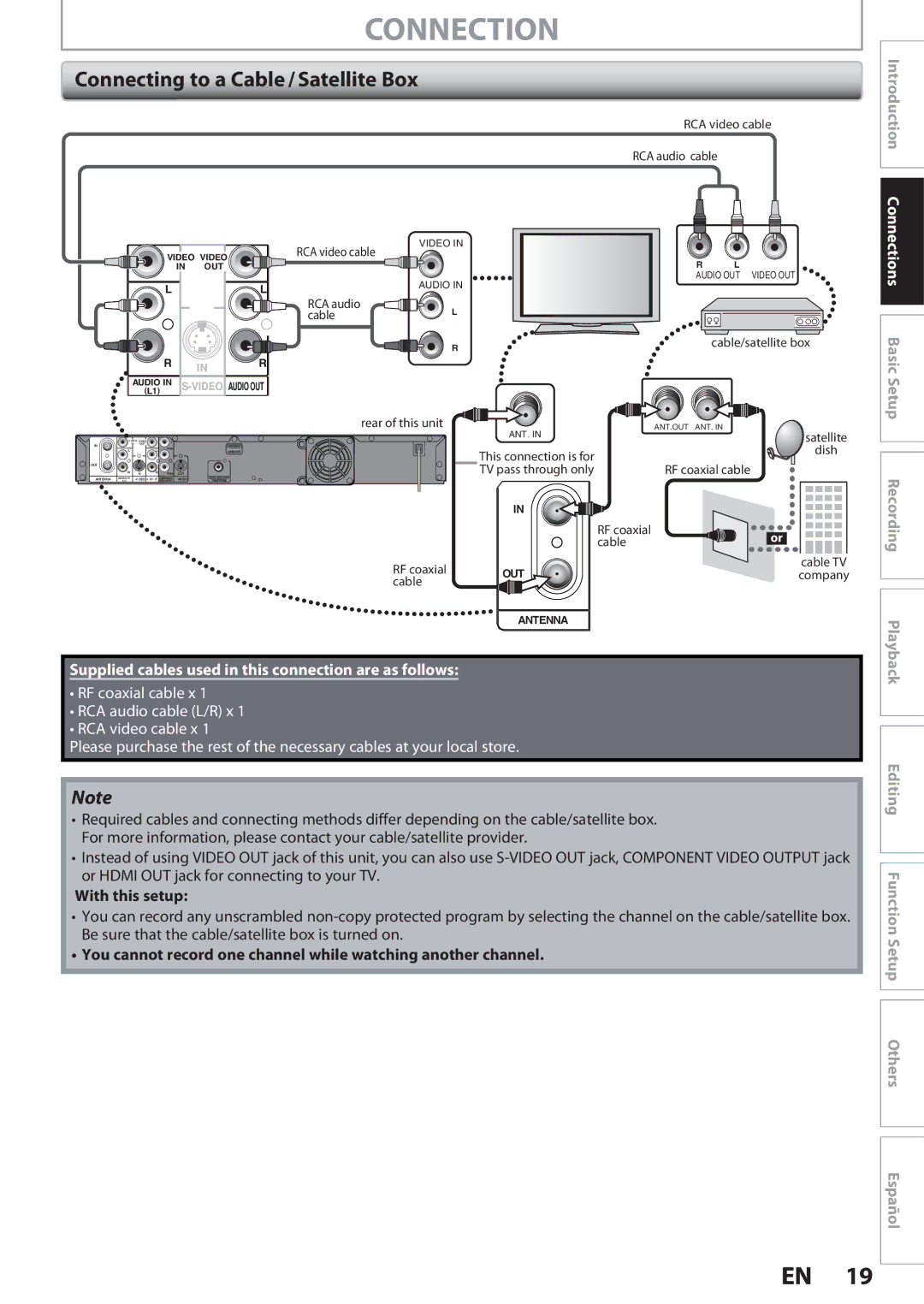 Magnavox MDR513H, F7 owner manual Connecting to a Cable / Satellite Box, Connections Basic Setup, With this setup 