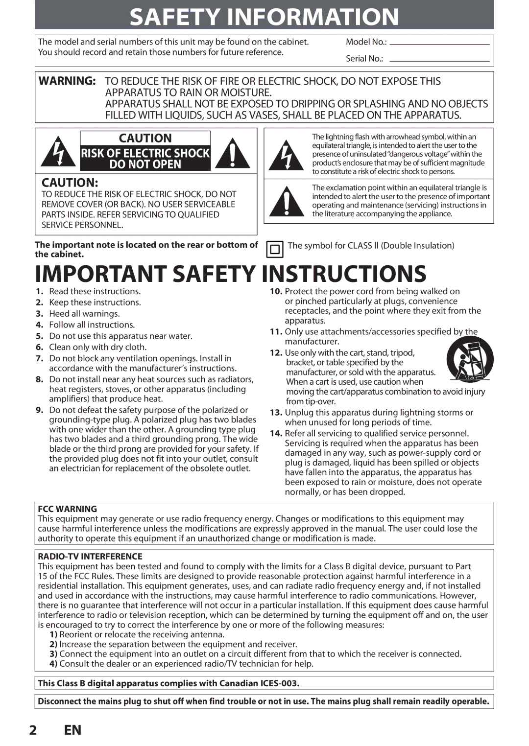 Magnavox F7, MDR513H Safety Information, Symbol for Class ll Double Insulation, FCC Warning, RADIO-TV Interference 