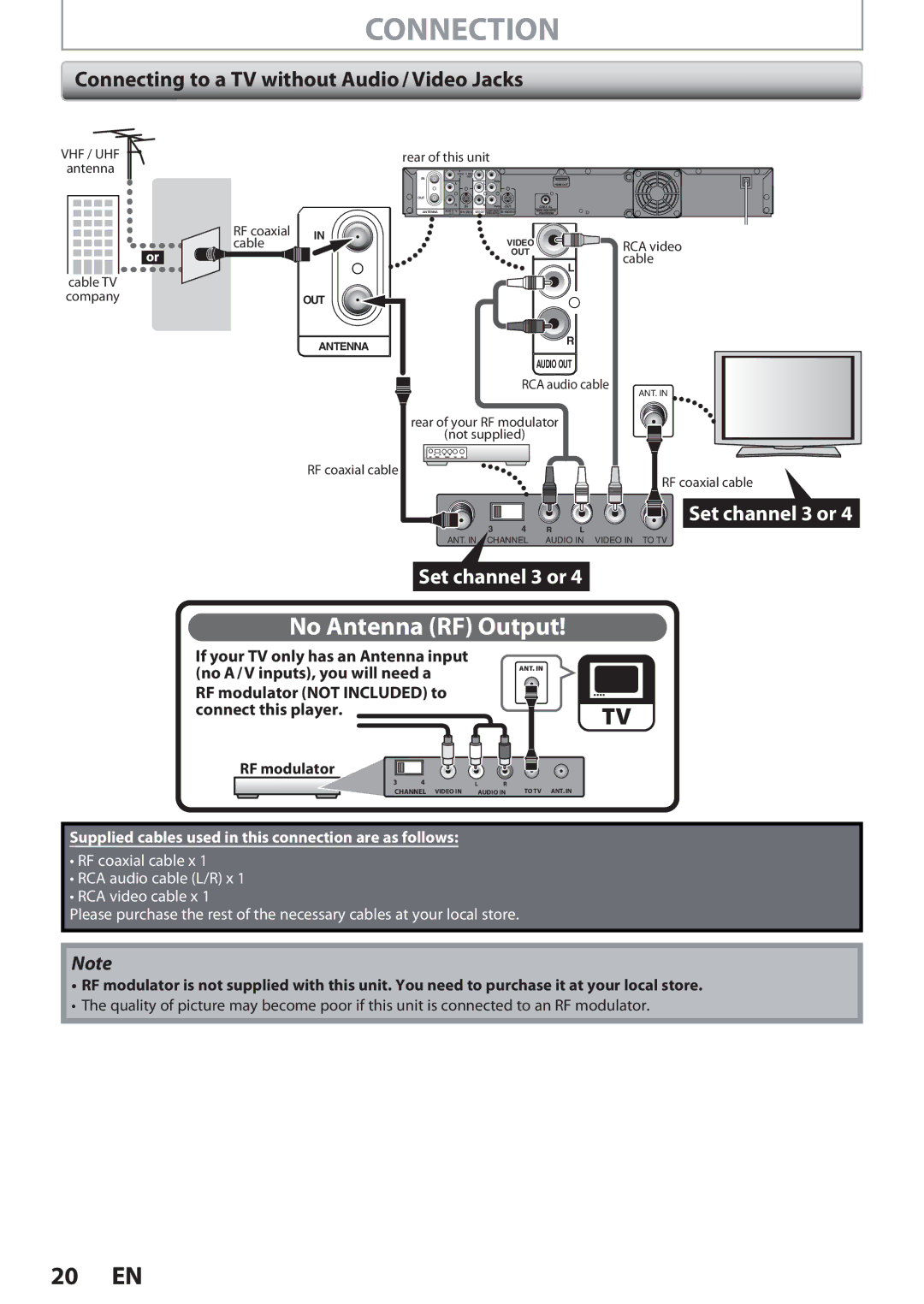 Magnavox F7, MDR513H owner manual No Antenna RF Output, Connecting to a TV without Audio / Video Jacks 