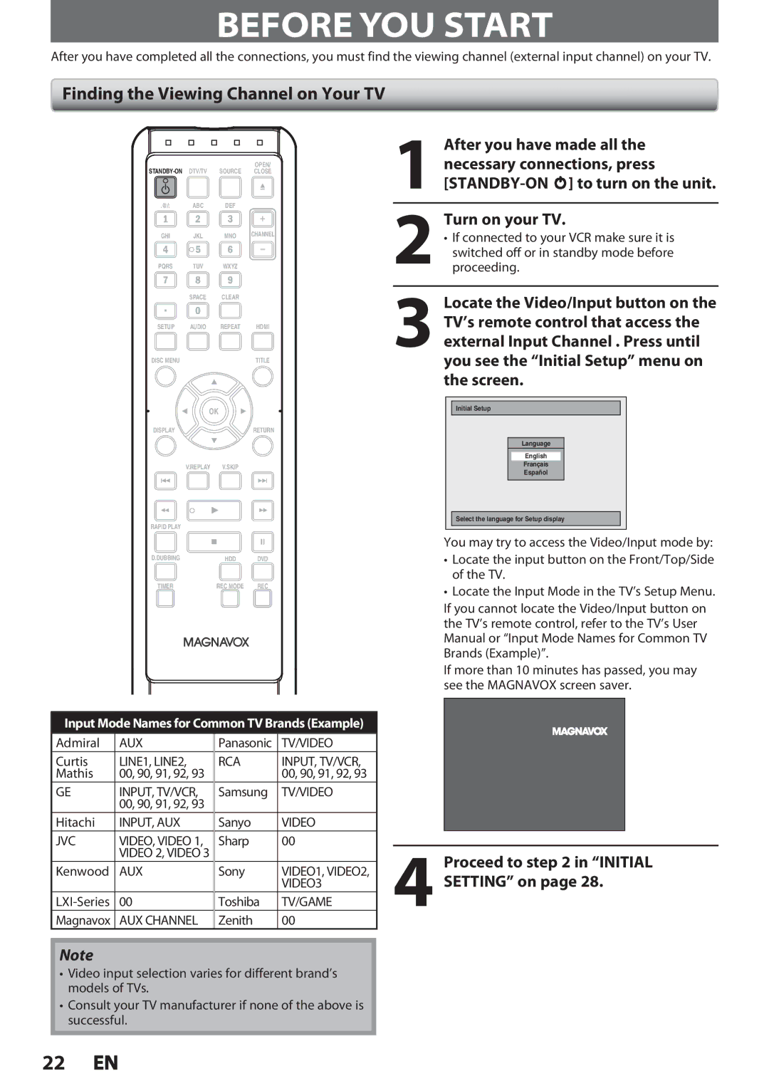 Magnavox F7, MDR513H Before YOU Start, Finding the Viewing Channel on Your TV, Proceed to in Initial, Setting on 