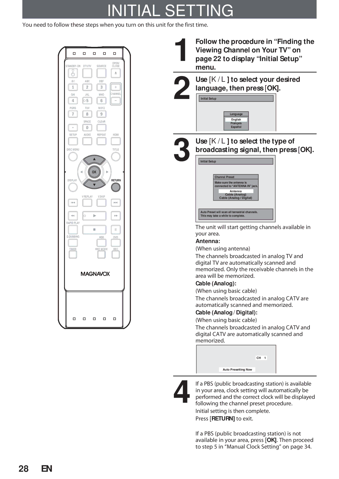 Magnavox F7, MDR513H owner manual Initial Setting, Antenna, Cable Analog / Digital 