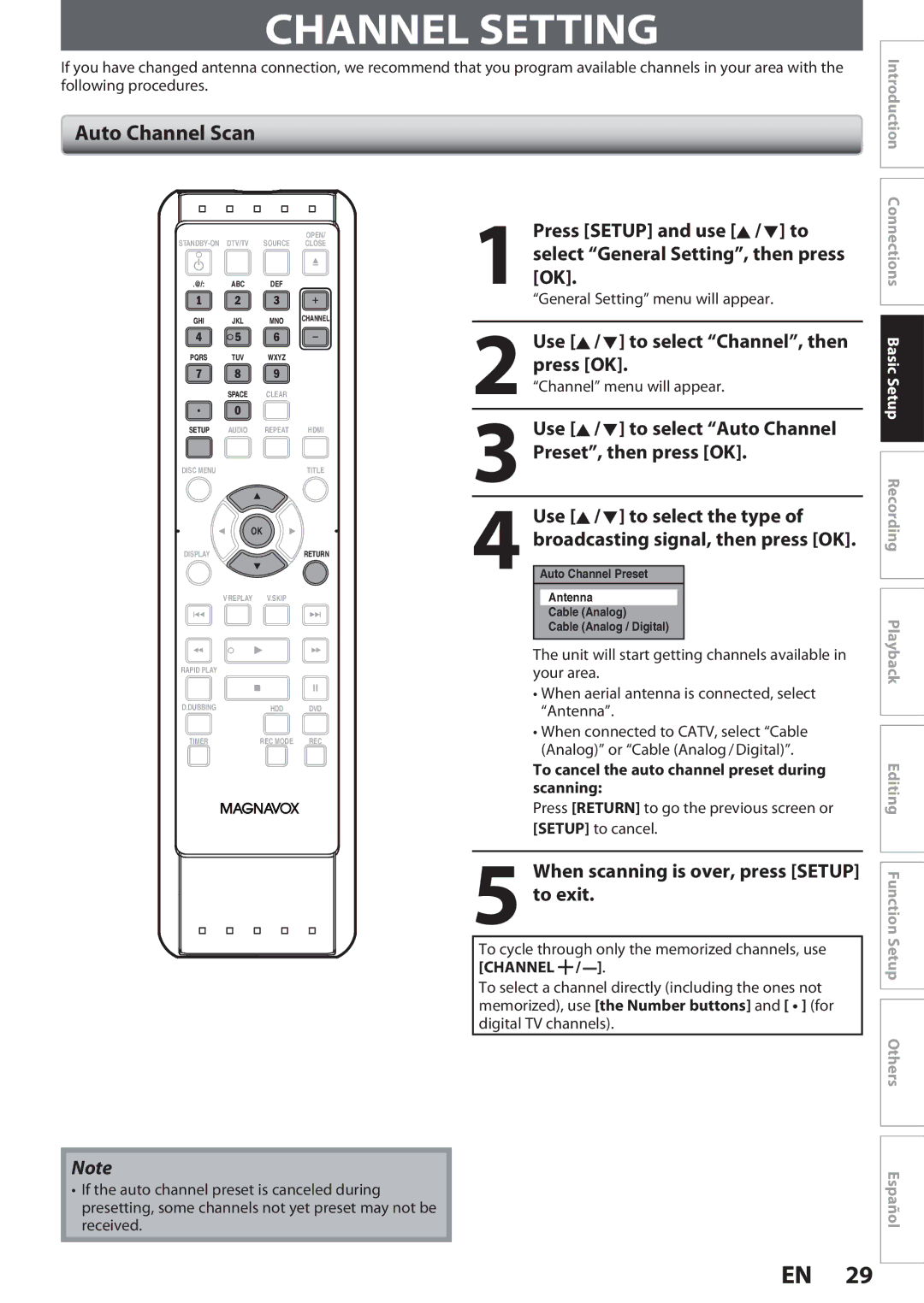 Magnavox MDR513H, F7 owner manual Channel Setting, Auto Channel Scan, Use K / L to select Auto Channel Preset, then press OK 