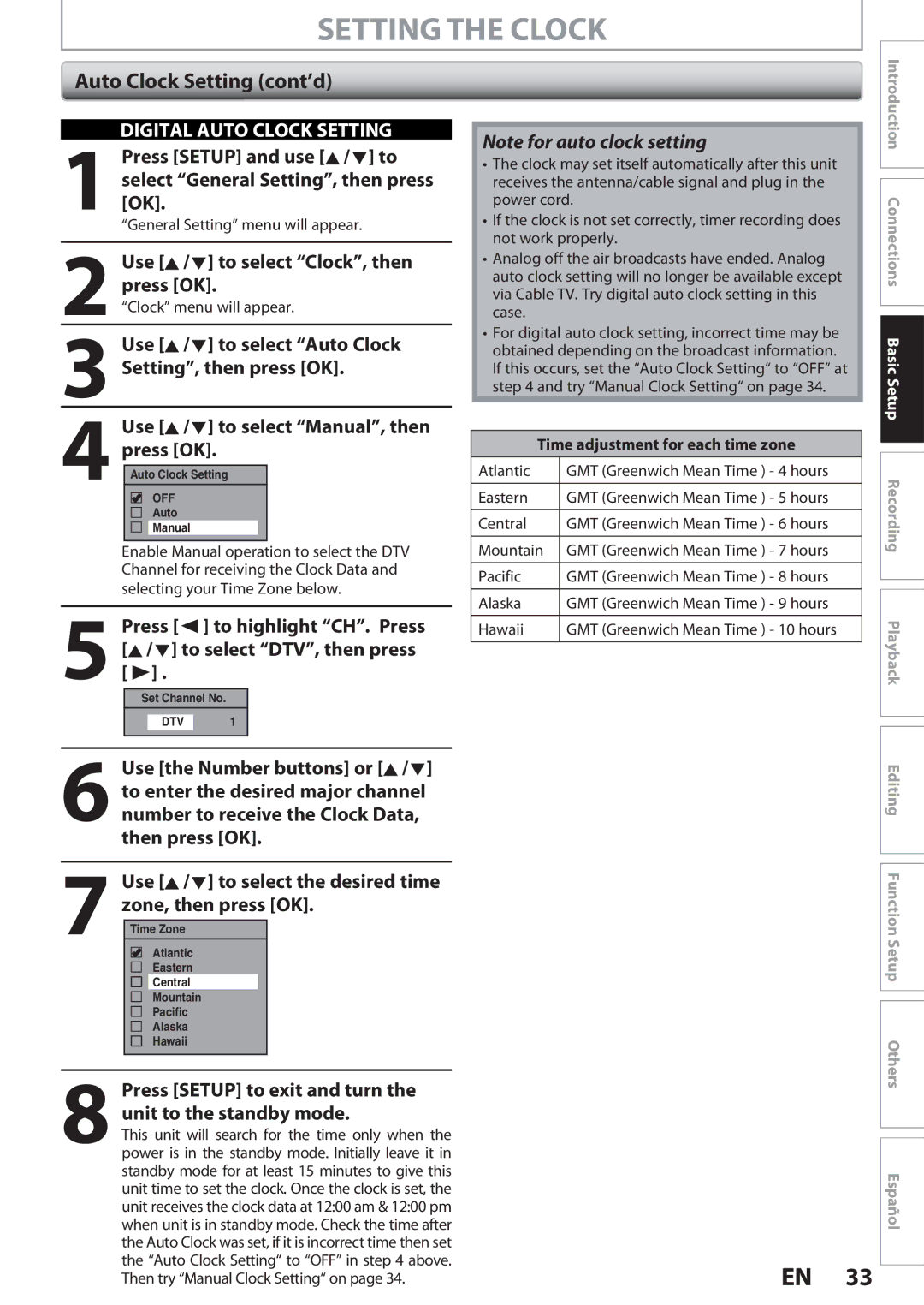 Magnavox MDR513H, F7 owner manual Setting the Clock, Select General Setting, then press, Use K / L to select Auto Clock 