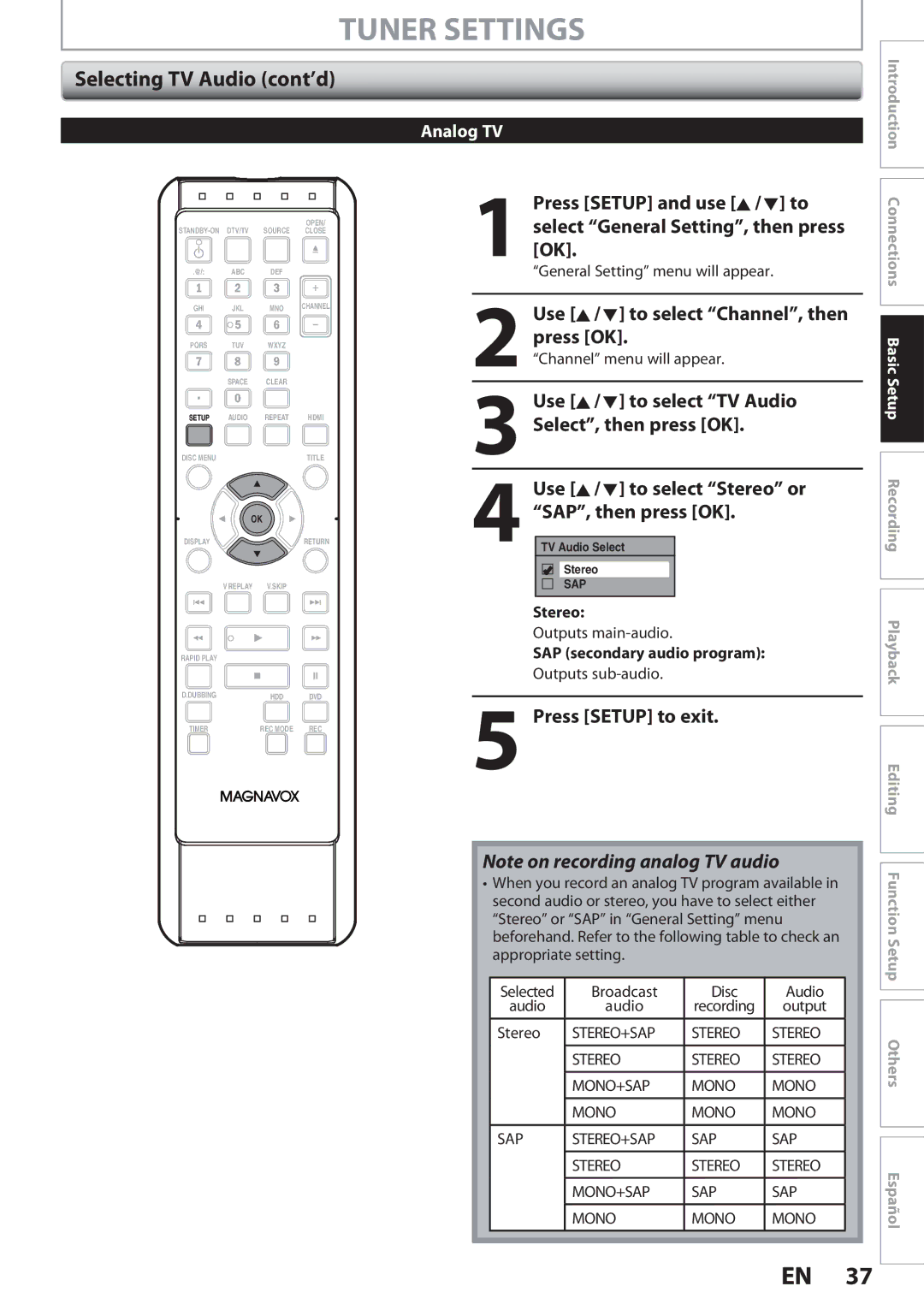 Magnavox MDR513H, F7 owner manual Selecting TV Audio cont’d, Stereo, SAP secondary audio program 