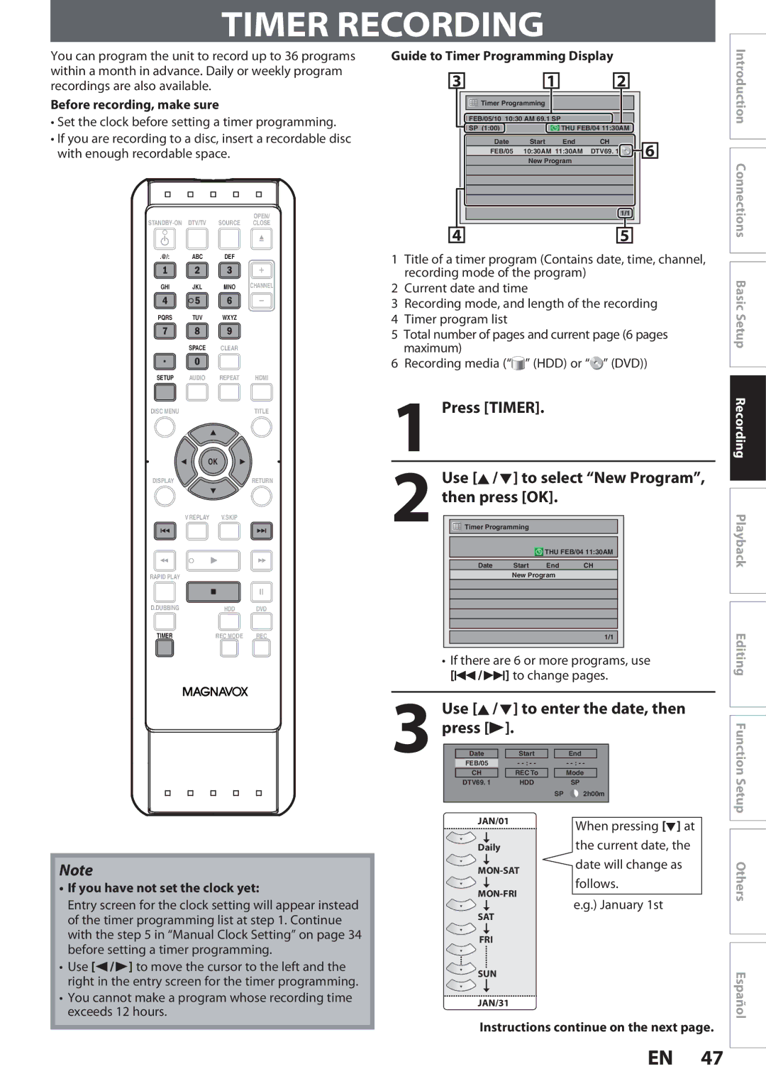 Magnavox MDR513H, F7 owner manual Timer Recording, Press Timer Use K / L to select New Program, then press OK, Press B 