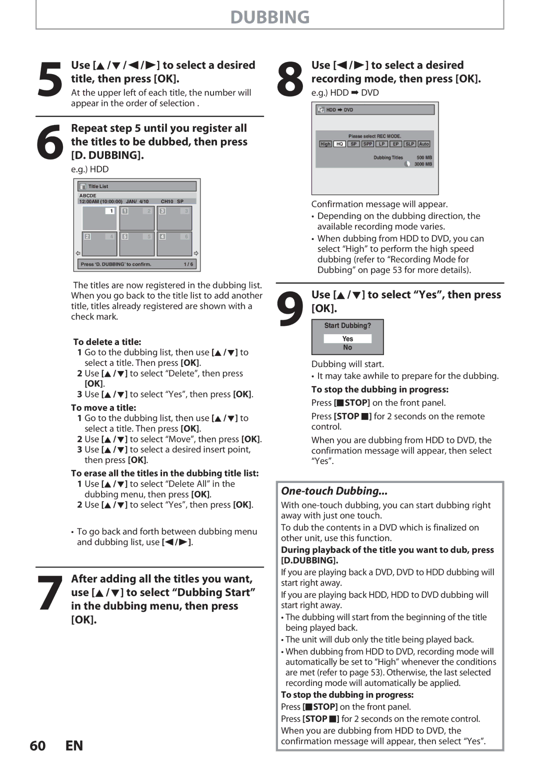 Magnavox F7 Use K / L to select Yes, then press, To delete a title, To move a title, To stop the dubbing in progress 