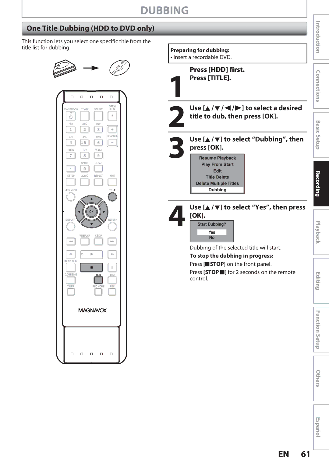 Magnavox MDR513H, F7 owner manual One Title Dubbing HDD to DVD only 