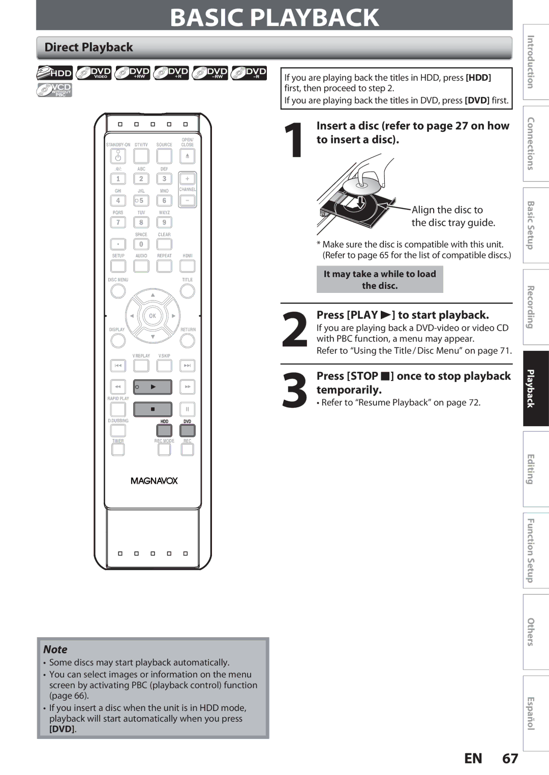 Magnavox MDR513H, F7 owner manual Basic Playback, Direct Playback, Insert a disc refer to page 27 on how to insert a disc 