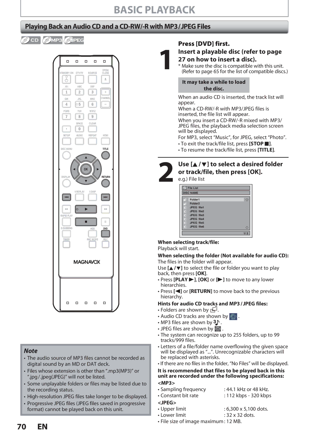 Magnavox F7 Playing Back an Audio CD and a CD-RW/-R with MP3/JPEG Files, Hints for audio CD tracks and MP3 / Jpeg files 