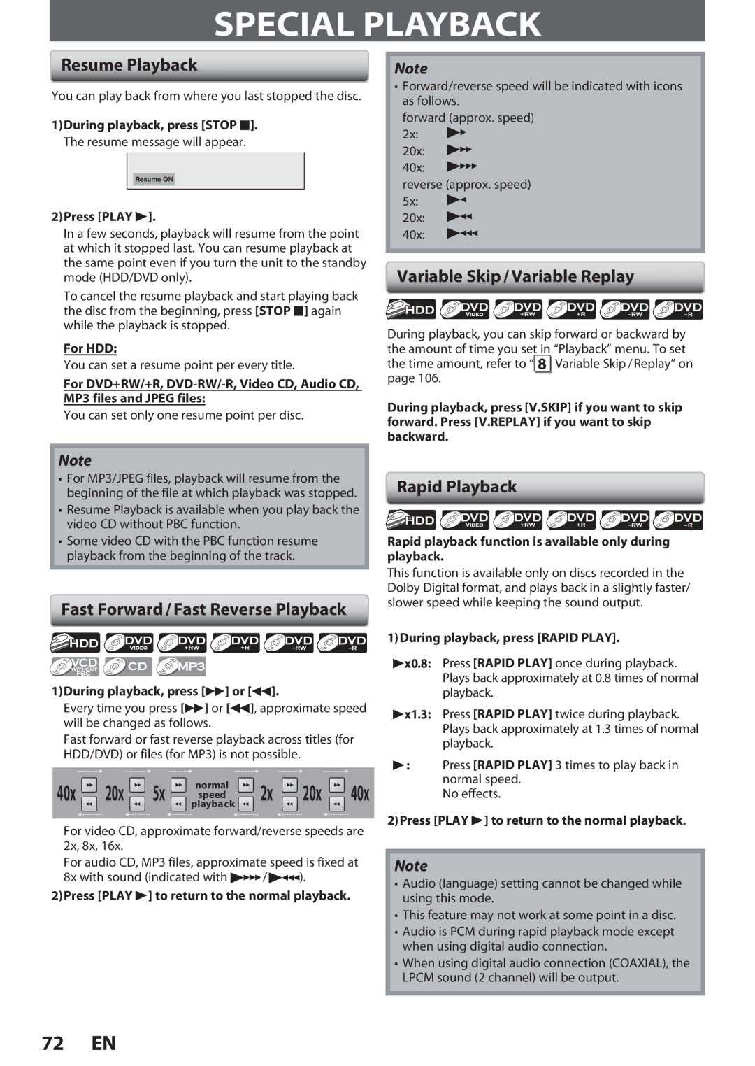 Magnavox F7 Special Playback, Resume Playback, Variable Skip / Variable Replay, Fast Forward / Fast Reverse Playback 