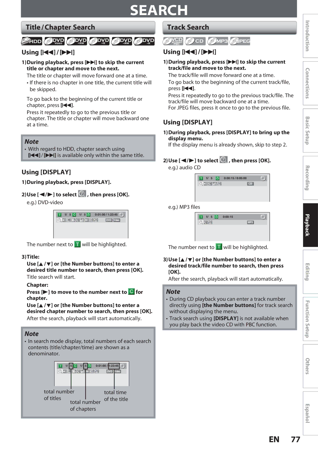 Magnavox MDR513H, F7 owner manual Title / Chapter Search, Using H / G, Using Display 