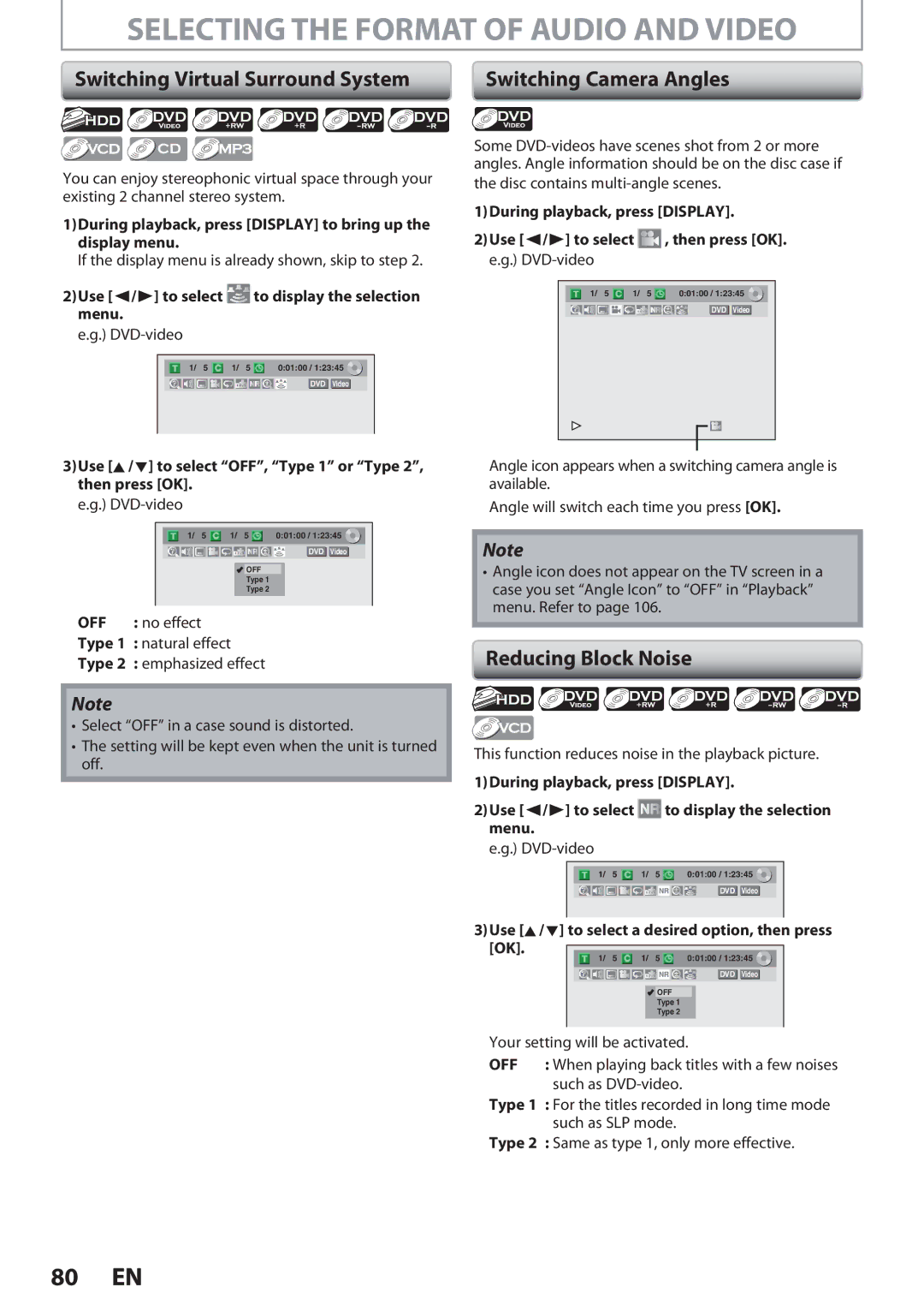 Magnavox F7, MDR513H Selecting the Format of Audio and Video, Switching Virtual Surround System, Reducing Block Noise 