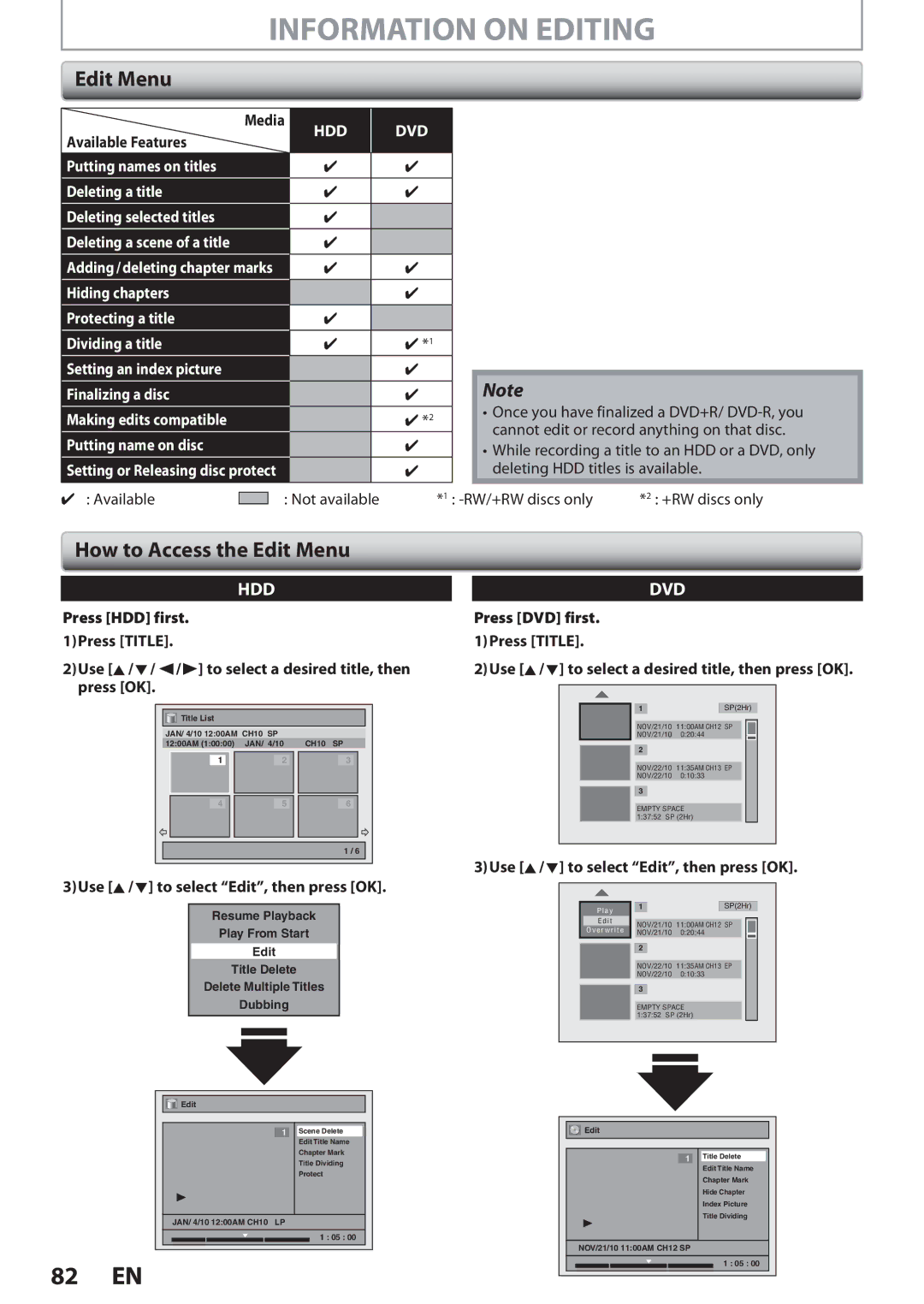 Magnavox F7, MDR513H owner manual Information on Editing, How to Access the Edit Menu, Putting name on disc 