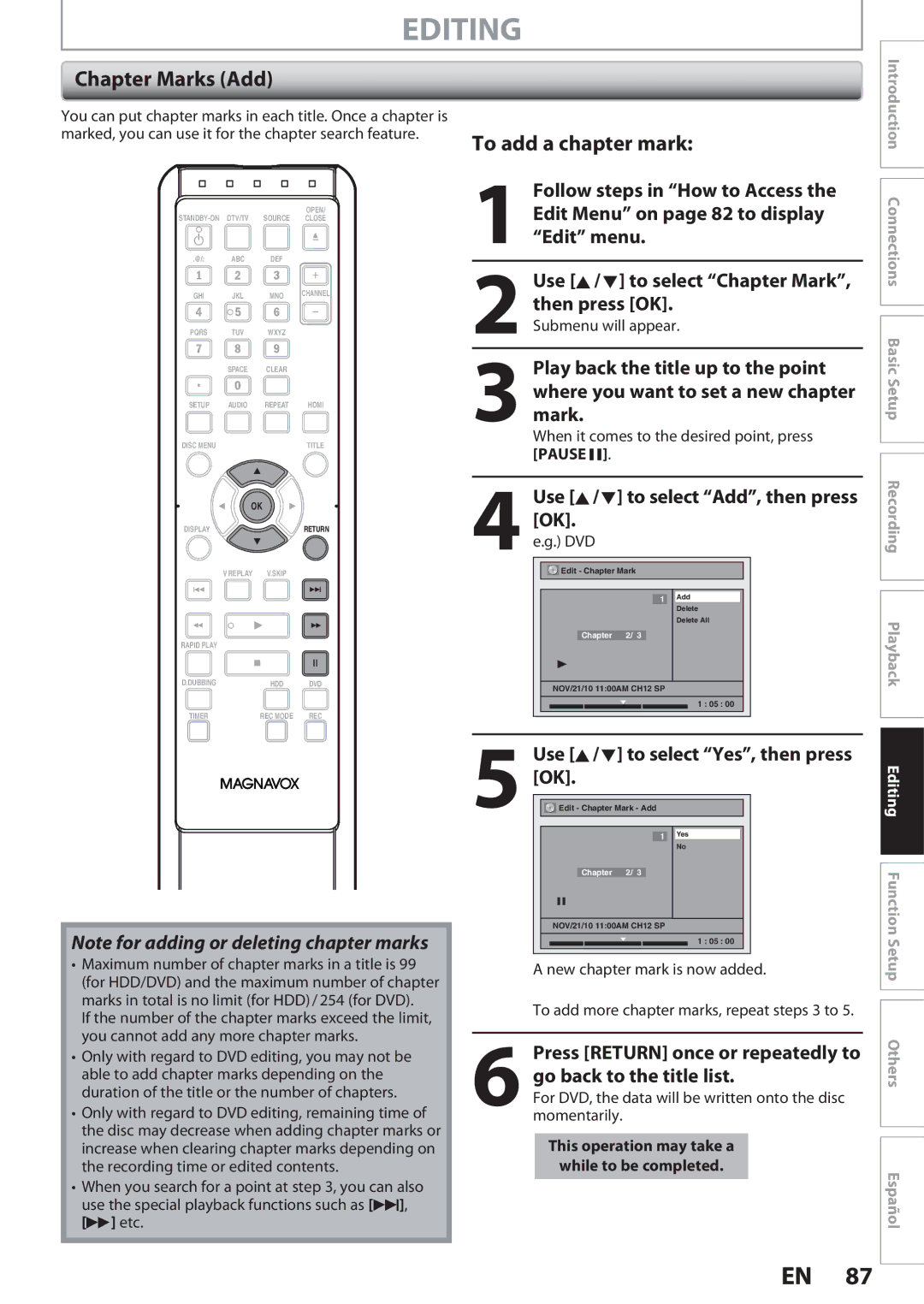 Magnavox MDR513H, F7 owner manual Chapter Marks Add, New chapter mark is now added 