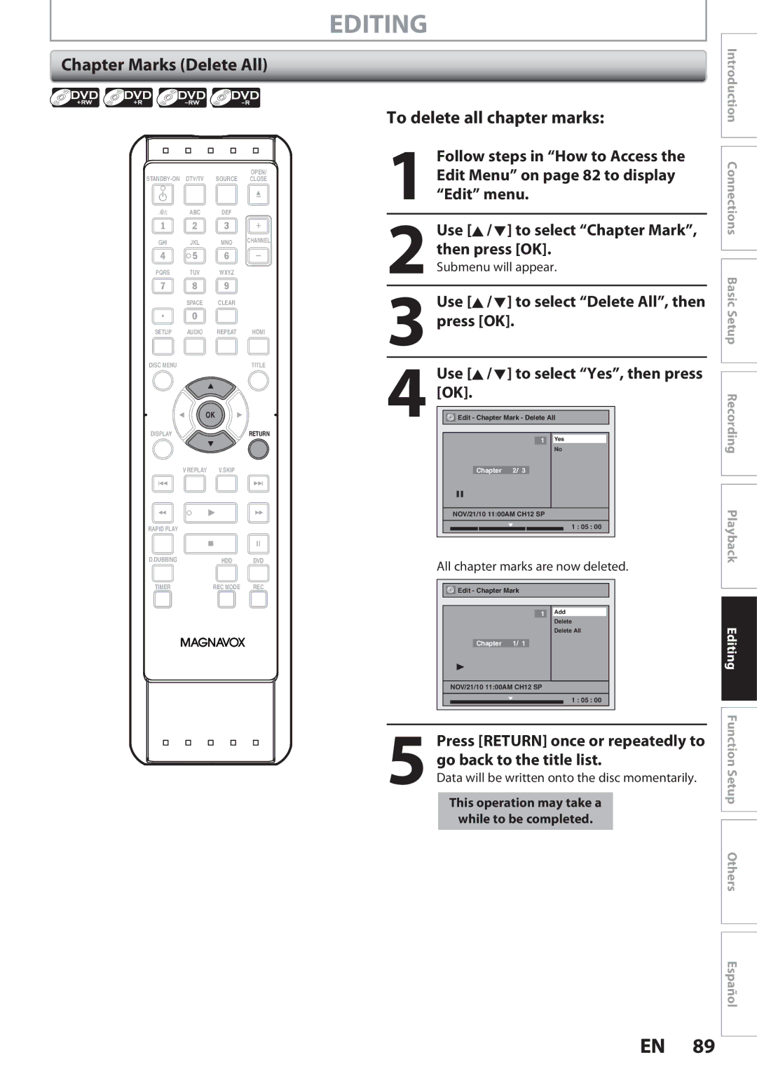 Magnavox MDR513H, F7 owner manual Chapter Marks Delete All, To delete all chapter marks, All chapter marks are now deleted 