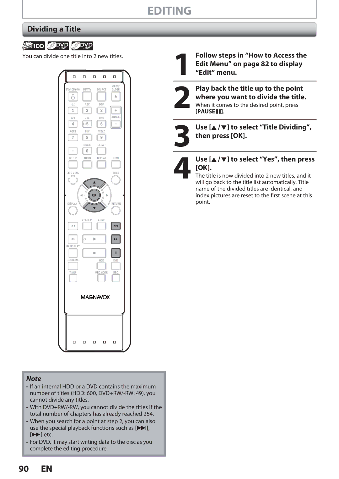 Magnavox F7, MDR513H owner manual Dividing a Title, Use K / L to select Title Dividing, then press OK 