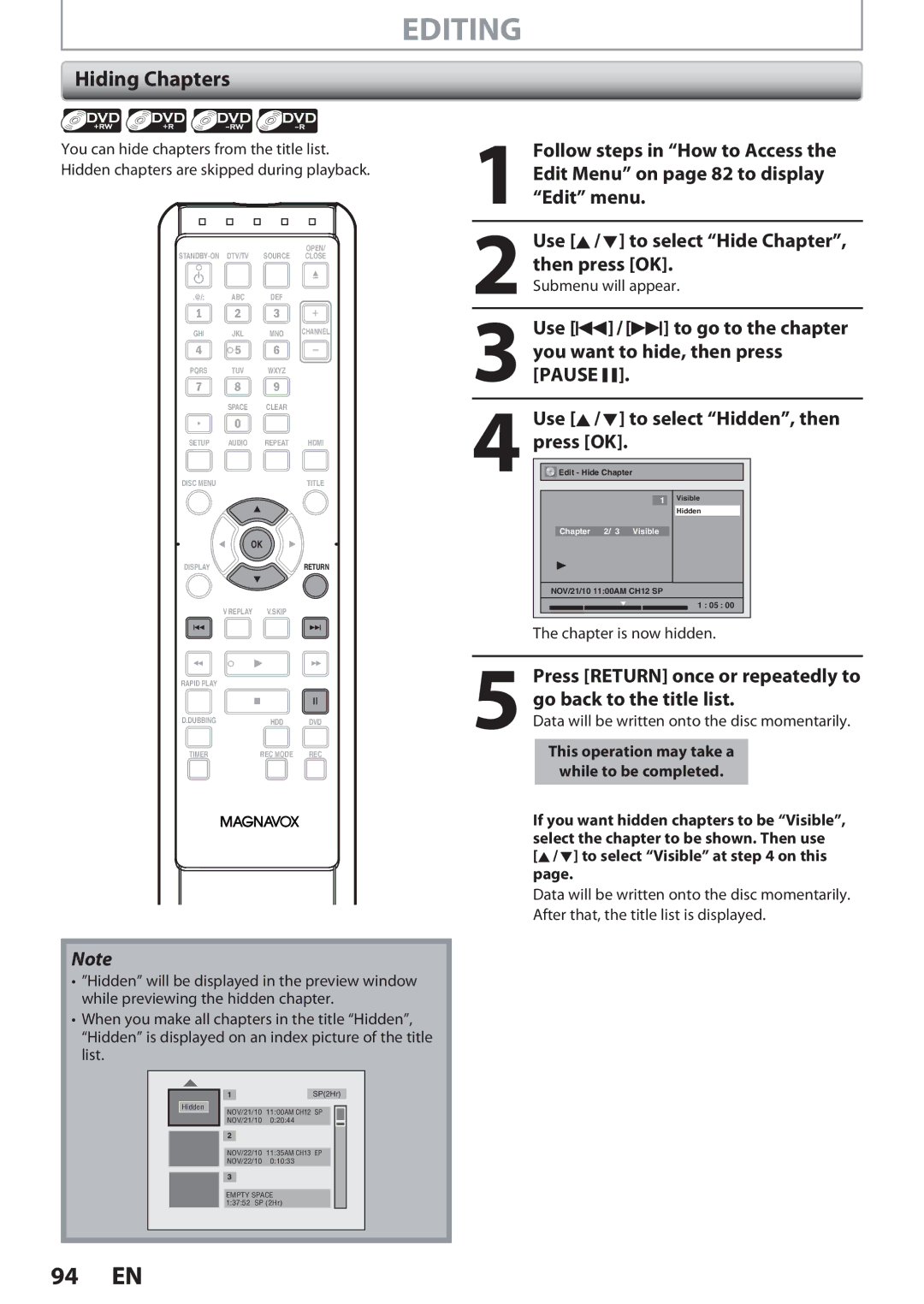 Magnavox F7, MDR513H owner manual Hiding Chapters, Chapter is now hidden 