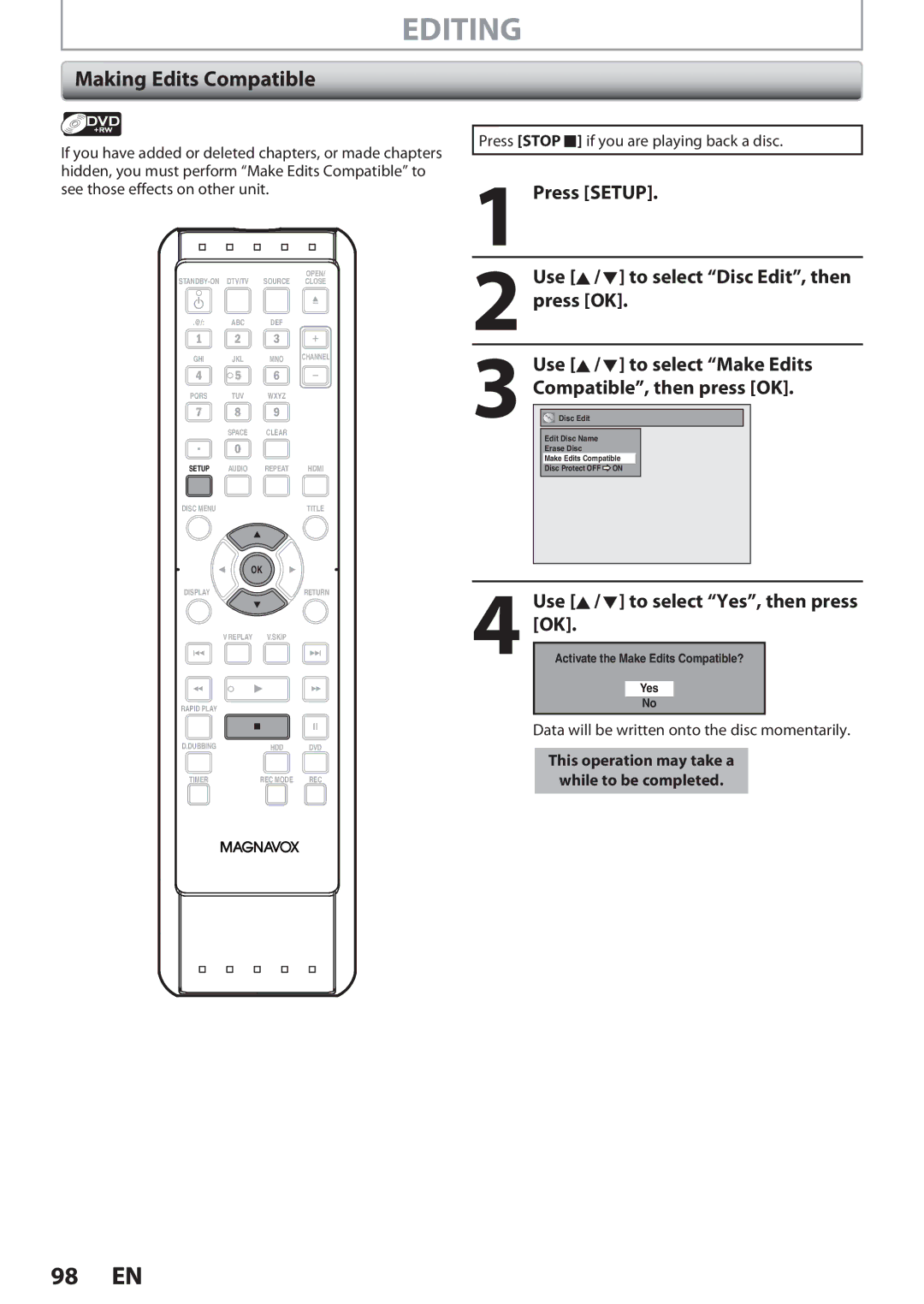 Magnavox F7, MDR513H owner manual Making Edits Compatible 