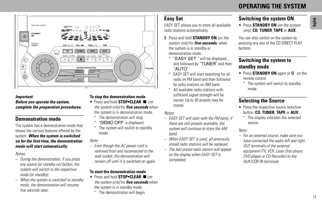 Magnavox FW930R manual Easy Set, Switching the system on, Switching the system to standby mode, Demonstration mode 