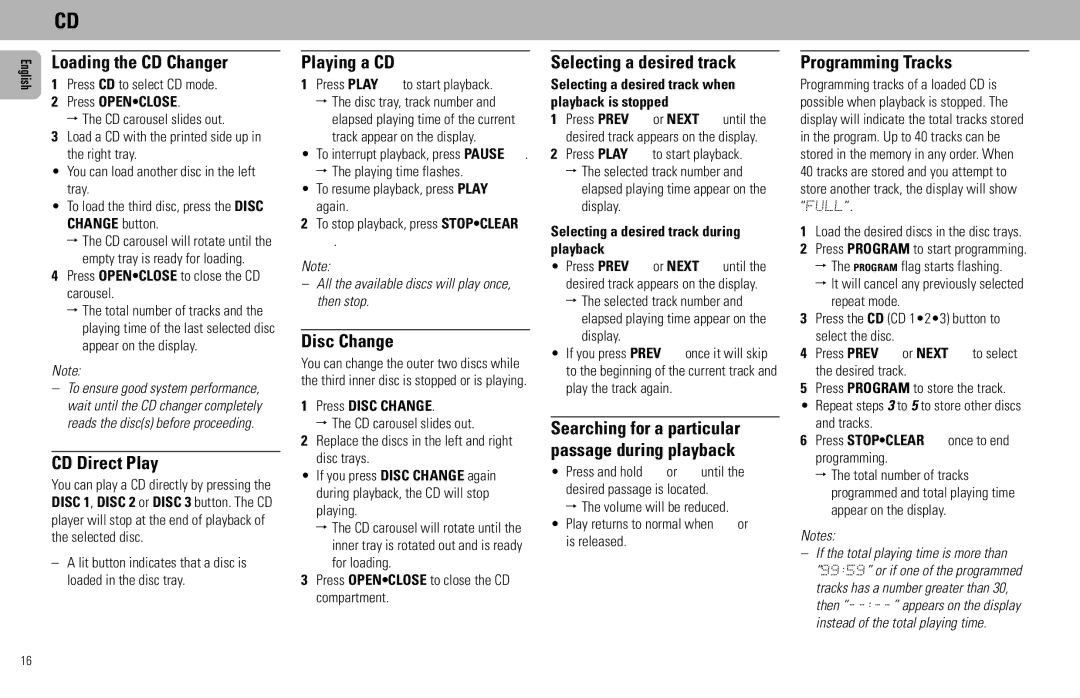 Magnavox FW930R manual Loading the CD Changer, CD Direct Play, Playing a CD, Disc Change, Selecting a desired track 