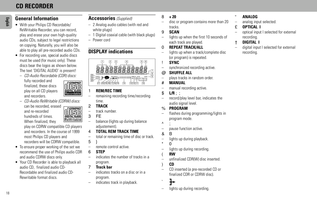 Magnavox FW930R manual CD Recorder, Display indications 