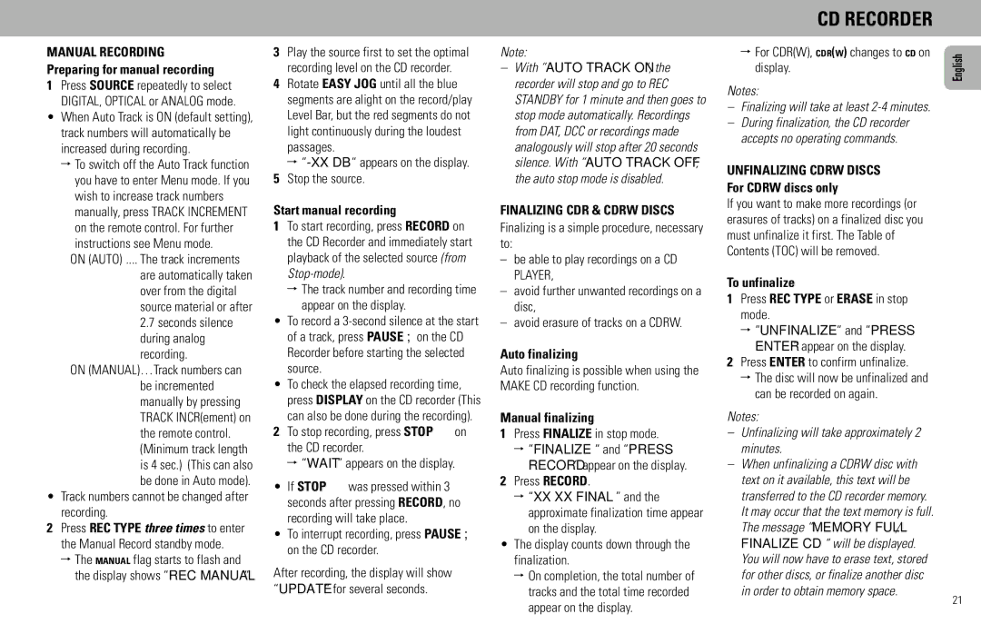 Magnavox FW930R manual Finalizing CDR & Cdrw Discs, Unfinalizing Cdrw Discs 